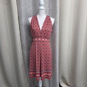 Max Studio Red Printed V-Neck Midi Dress